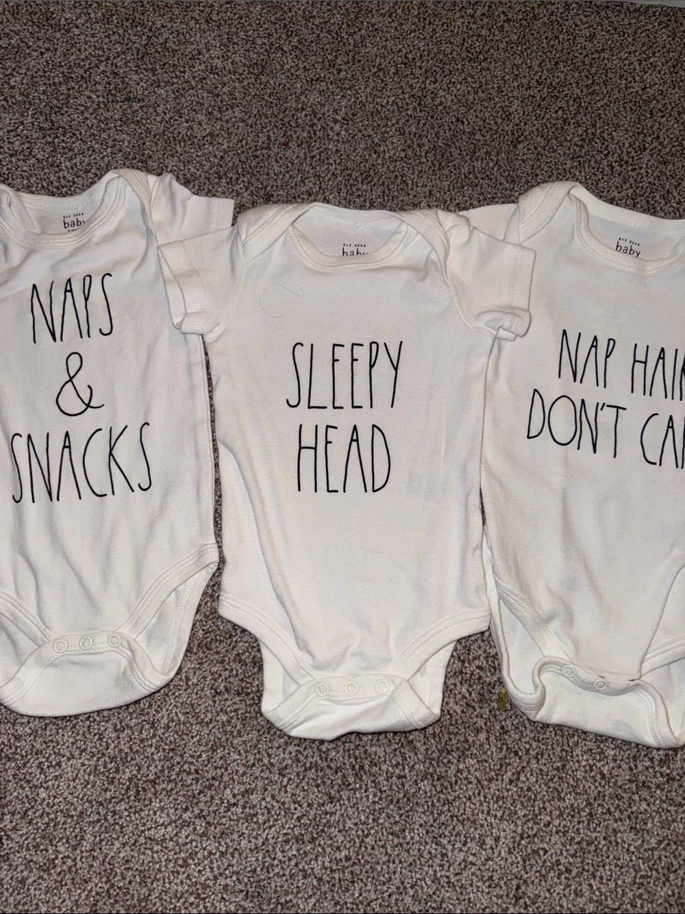 Rae Dunn White 'Sleepy Head' “nap hair..” Baby One-Piece Bodysuit set of 3
